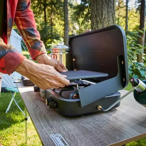 3n1 Propane Camping Stove w/ Matchless Lighting,Cast Iron Griddle & Grill Grates
