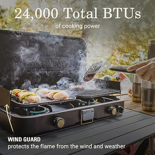 3n1 Propane Camping Stove w/ Matchless Lighting,Cast Iron Griddle & Grill Grates