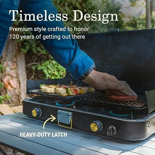 3n1 Propane Camping Stove w/ Matchless Lighting,Cast Iron Griddle & Grill Grates