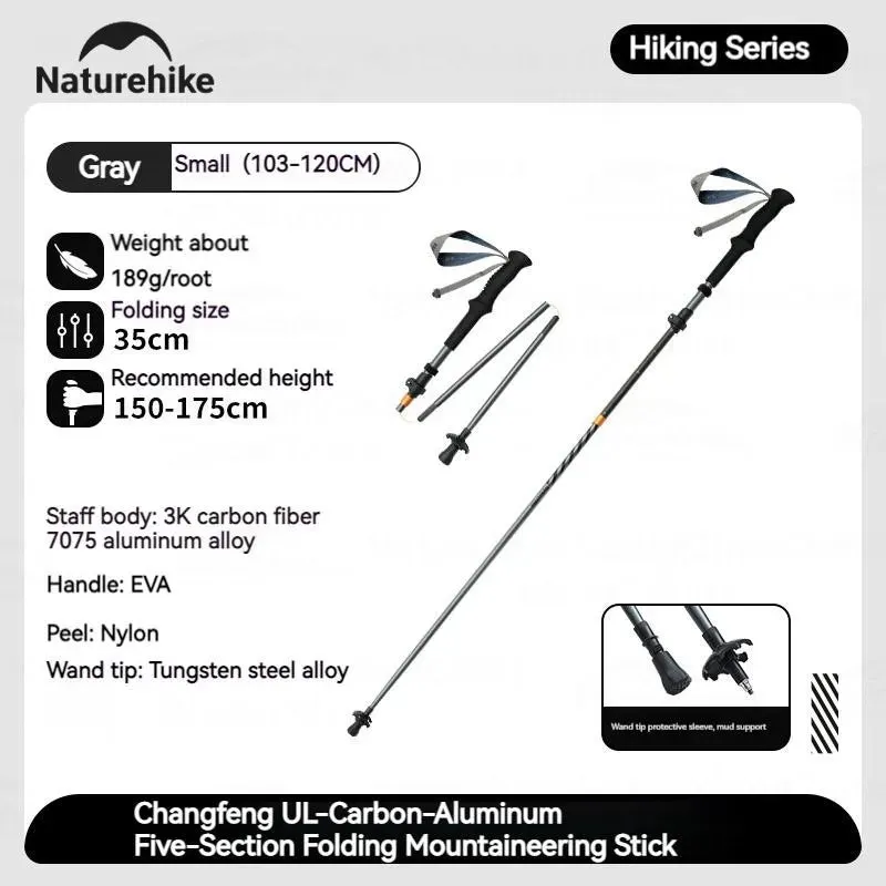 5-Section Carbon Fiber Collapsible Telescopic Trekking Poles - Lightweight Walking Hiking Stick