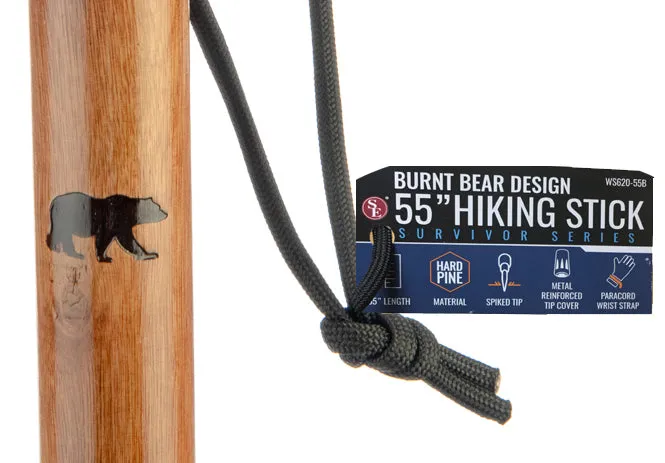 55" Assorted Hiking Sticks Burnt Animal & Plain, Rubber Cover, Iron Tip, Paracord Hand Strap