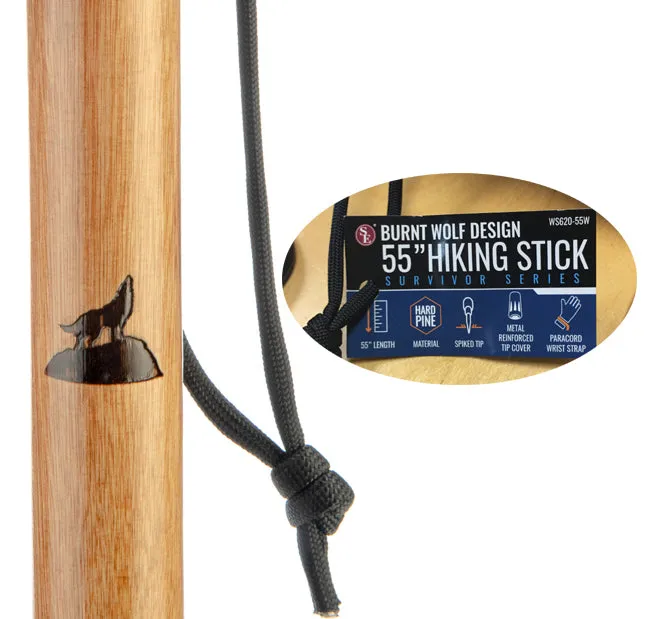 55" Assorted Hiking Sticks Burnt Animal & Plain, Rubber Cover, Iron Tip, Paracord Hand Strap