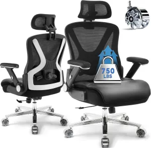 750lbs Ergonomic Office Chair,Upgrade Big and Tall Office Chairs for Heavy People,Mesh High Back Desk Chair with 5D Flip Arms Large Wheels,Adjustable Headrest & Lumbar Support,Wide Chairs