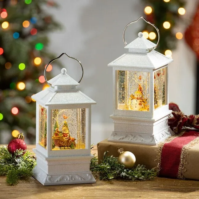 8.5" Battery-Operated White Spinning Water Globe Lantern with Holiday Scene