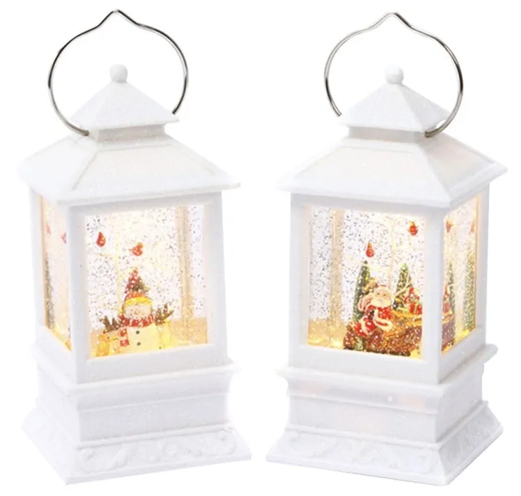 8.5" Battery-Operated White Spinning Water Globe Lantern with Holiday Scene