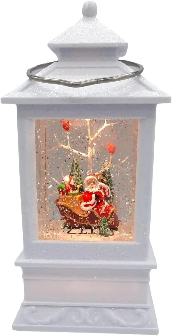 8.5" Battery-Operated White Spinning Water Globe Lantern with Holiday Scene