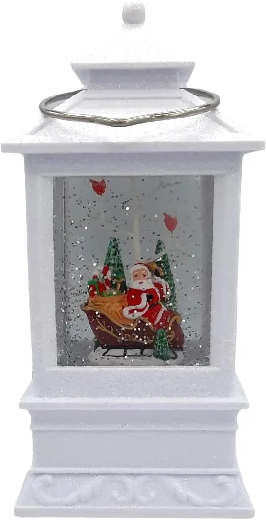 8.5" Battery-Operated White Spinning Water Globe Lantern with Holiday Scene