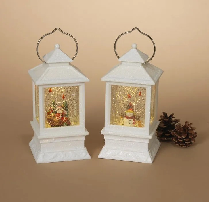 8.5" Battery-Operated White Spinning Water Globe Lantern with Holiday Scene