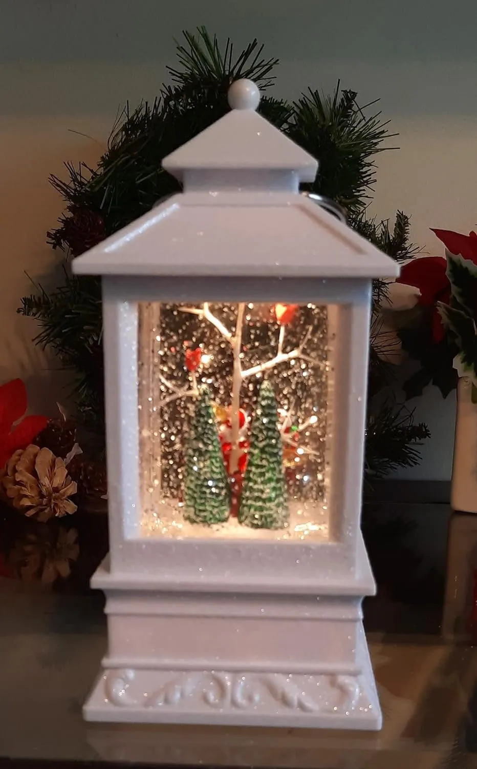 8.5" Battery-Operated White Spinning Water Globe Lantern with Holiday Scene