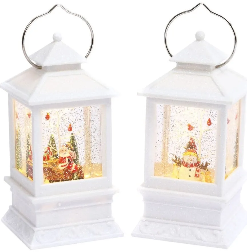 8.5" Battery-Operated White Spinning Water Globe Lantern with Holiday Scene