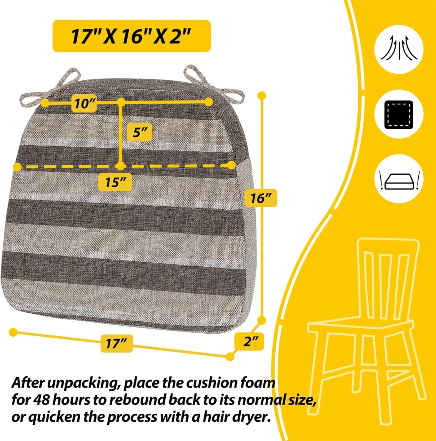 AAAAAcessories D-Shaped Chair Cushions, 2" Thick Dining Chair Pads with Ties and Removable, Machine-Washable Cover, 17" x 16", Set of 4, Boldstripes Chocolate/Beige
