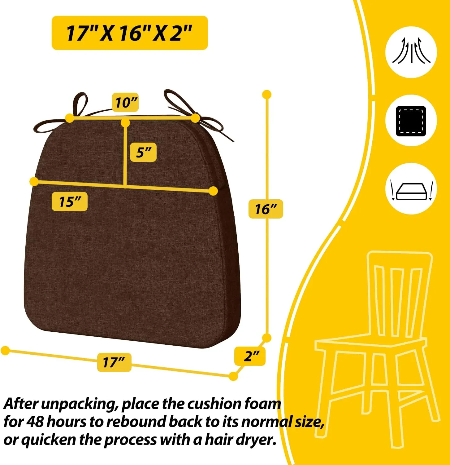 AAAAAcessories D-Shaped Chair Cushions, 2" Thick Dining Chair Pads with Ties and Removable, Machine-Washable Cover, 17" x 16", Set of 4, Brown