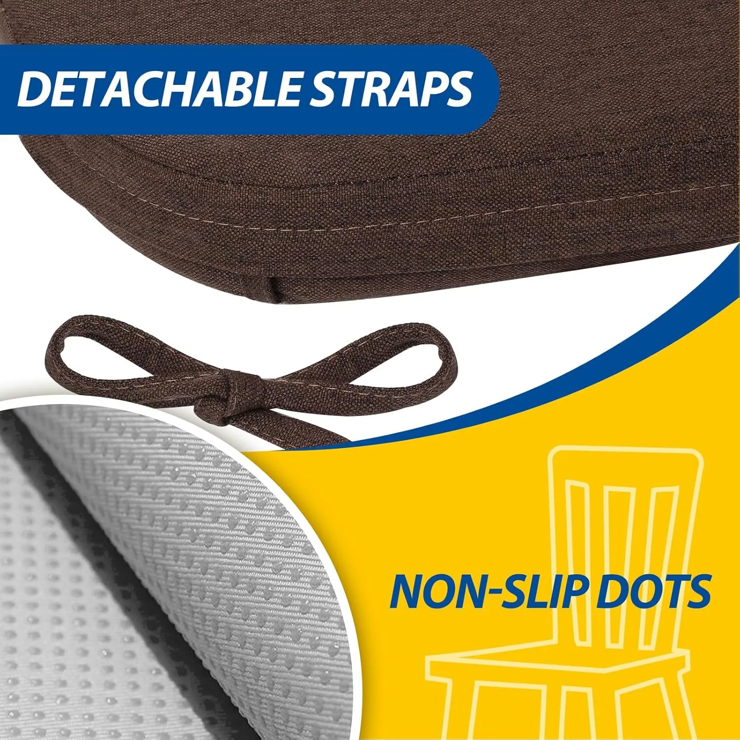 AAAAAcessories D-Shaped Chair Cushions, 2" Thick Dining Chair Pads with Ties and Removable, Machine-Washable Cover, 17" x 16", Set of 4, Brown