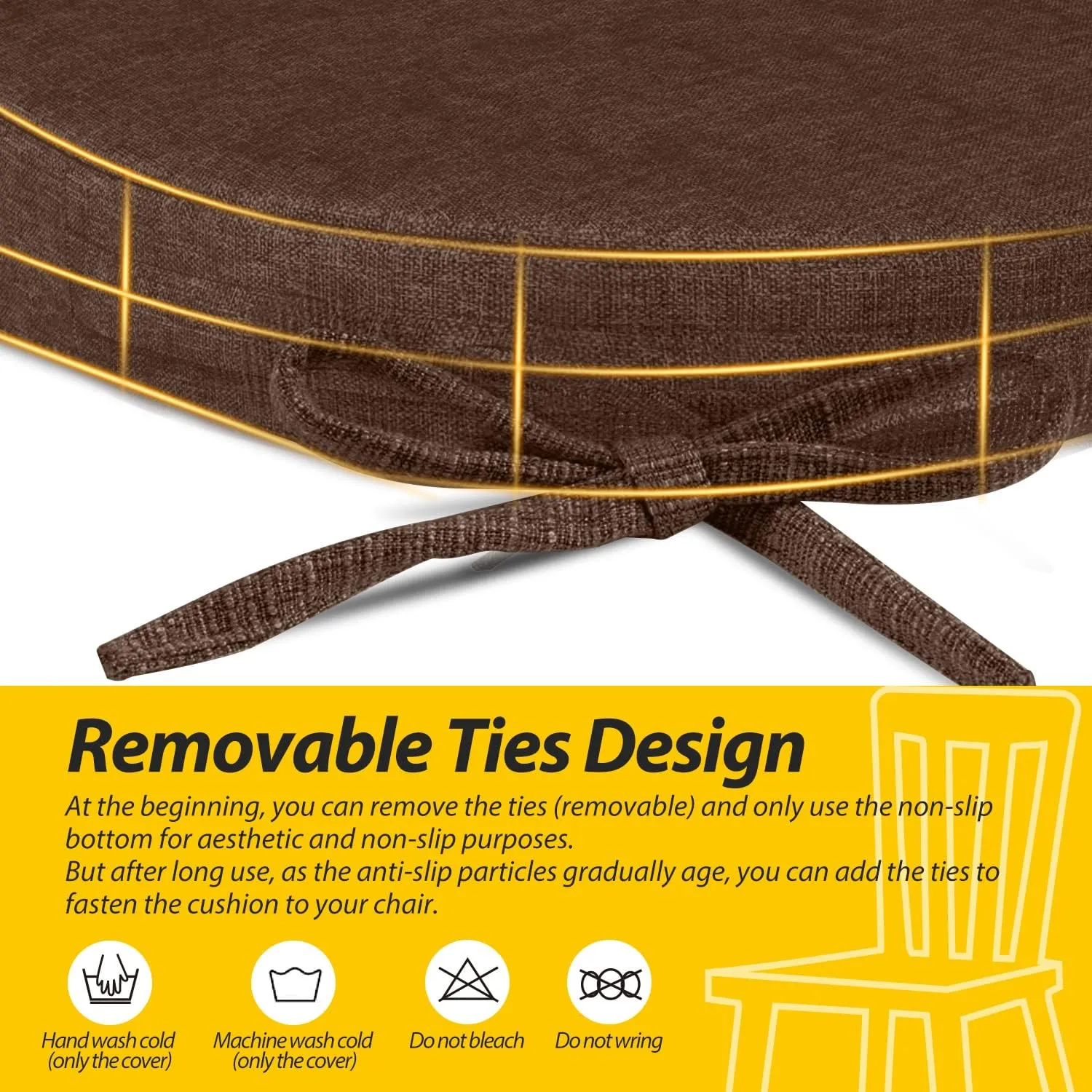 AAAAAcessories D-Shaped Chair Cushions, 2" Thick Dining Chair Pads with Ties and Removable, Machine-Washable Cover, 17" x 16", Set of 4, Brown