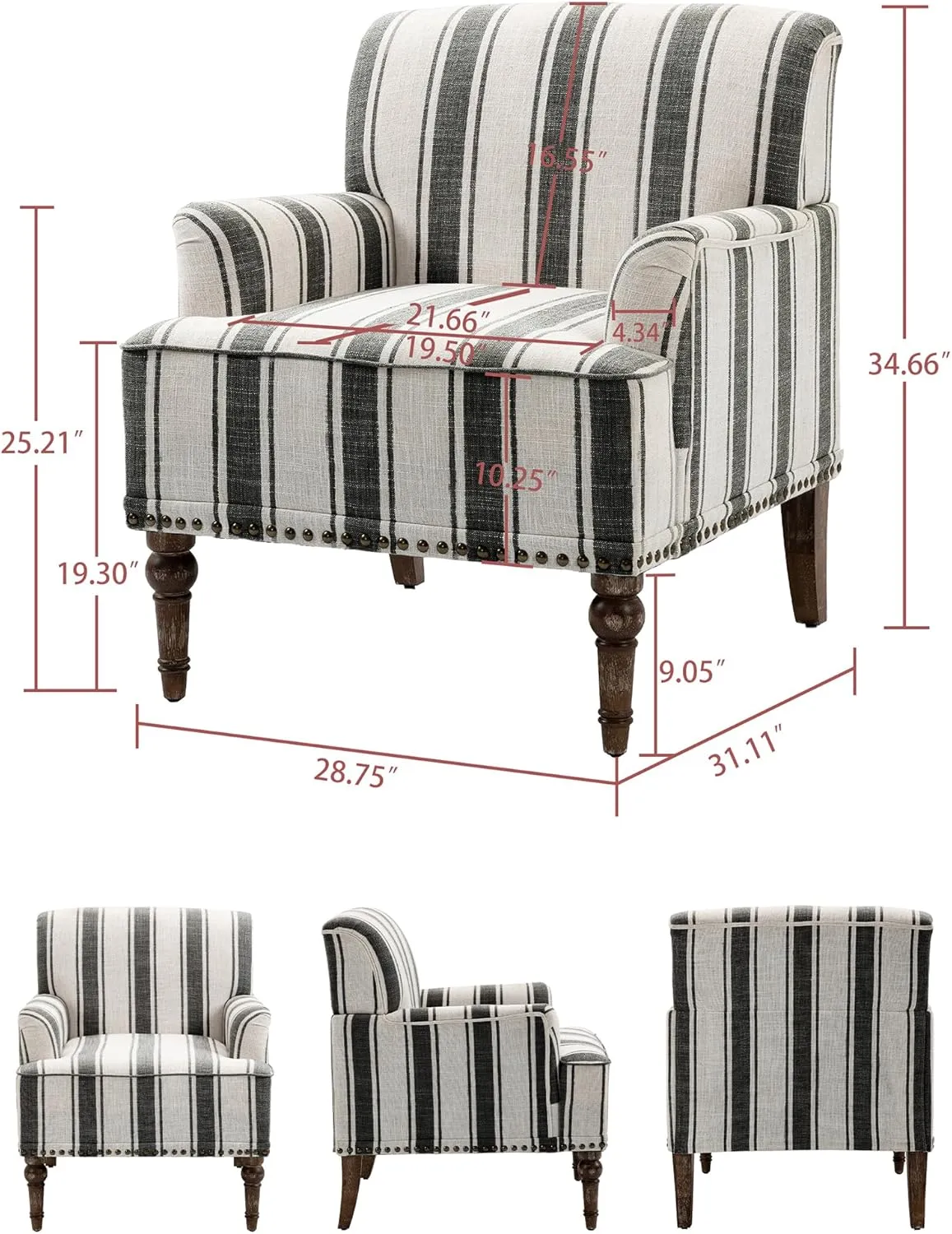 Accent Chair, Mid Century Modern Comfy Armchair for Living Room, Linen Fabric Single Sofa Lounge for Reading Bedroom Apartment Waiting Room with Wood Legs (Black Stripe, Set of 2)