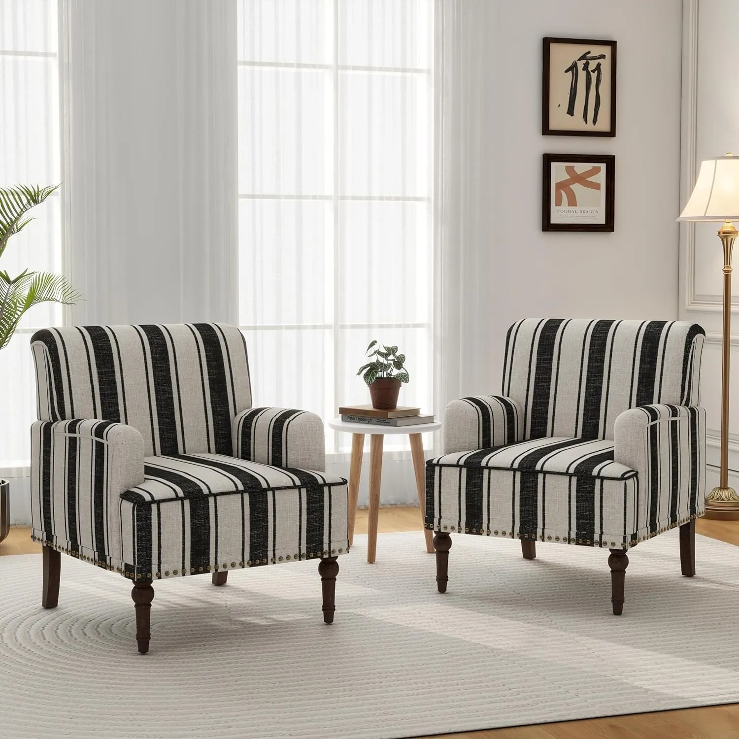 Accent Chair, Mid Century Modern Comfy Armchair for Living Room, Linen Fabric Single Sofa Lounge for Reading Bedroom Apartment Waiting Room with Wood Legs (Black Stripe, Set of 2)