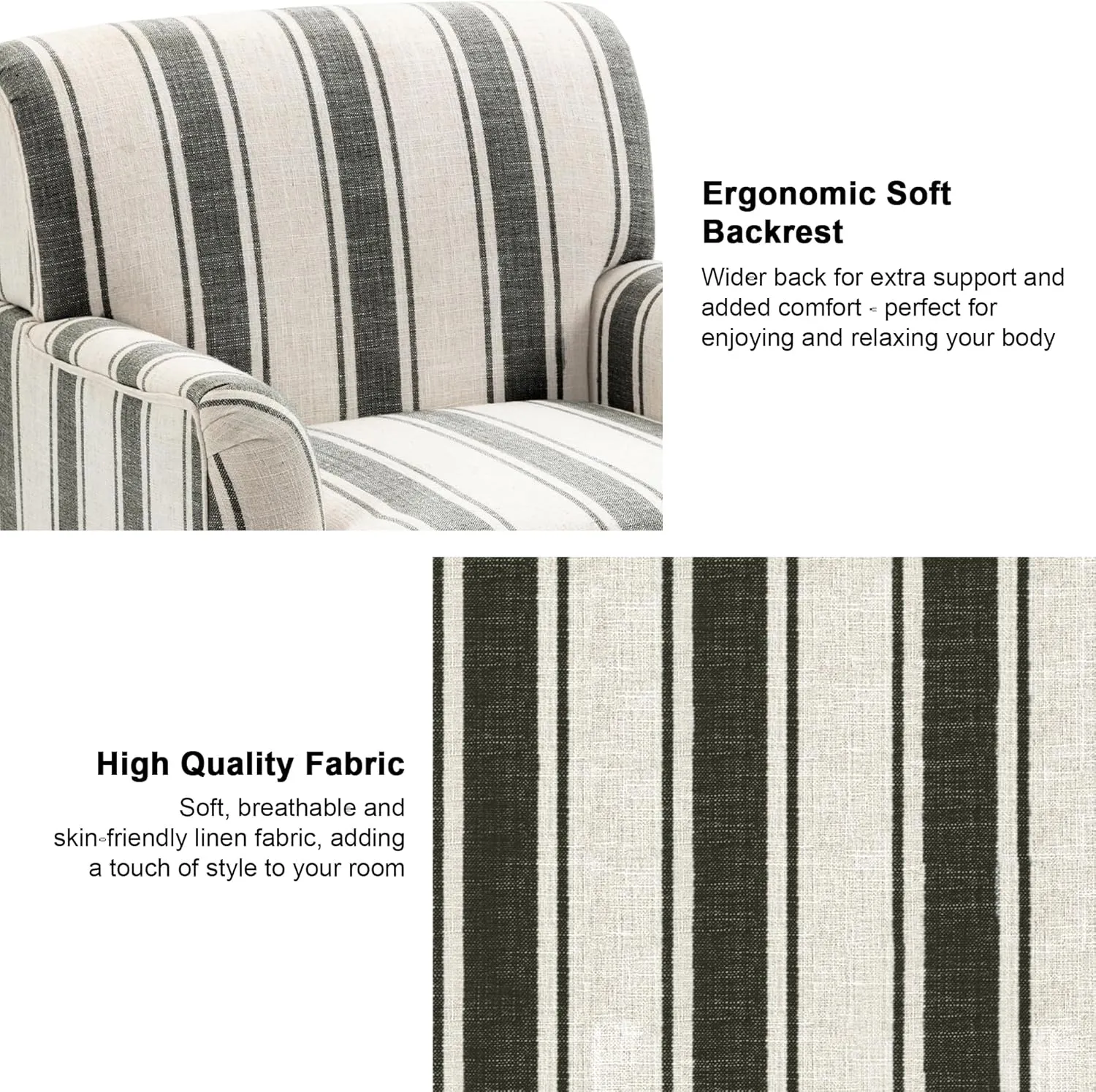 Accent Chair, Mid Century Modern Comfy Armchair for Living Room, Linen Fabric Single Sofa Lounge for Reading Bedroom Apartment Waiting Room with Wood Legs (Black Stripe, Set of 2)