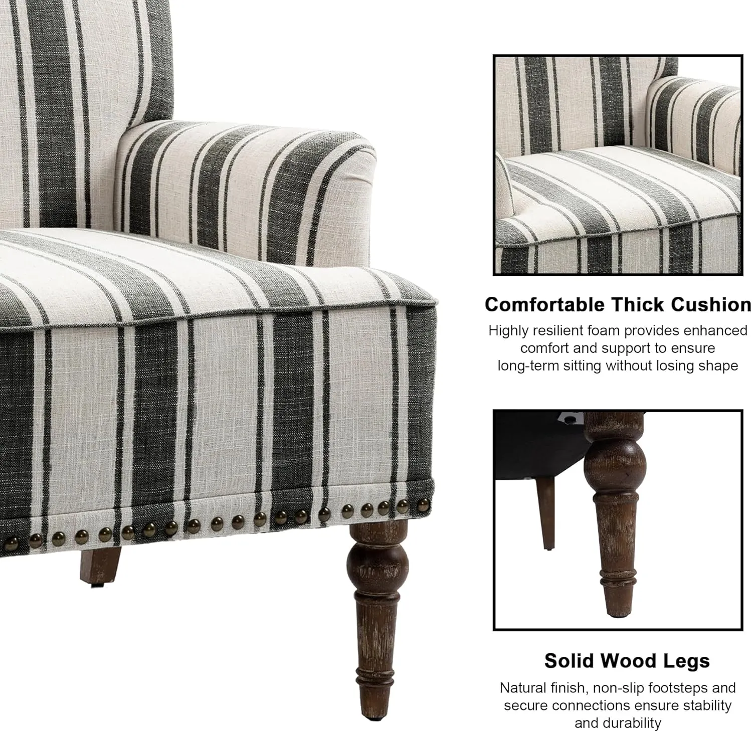 Accent Chair, Mid Century Modern Comfy Armchair for Living Room, Linen Fabric Single Sofa Lounge for Reading Bedroom Apartment Waiting Room with Wood Legs (Black Stripe, Set of 2)