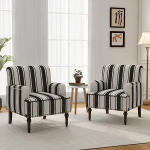 Accent Chair, Mid Century Modern Comfy Armchair for Living Room, Linen Fabric Single Sofa Lounge for Reading Bedroom Apartment Waiting Room with Wood Legs (Black Stripe, Set of 2)