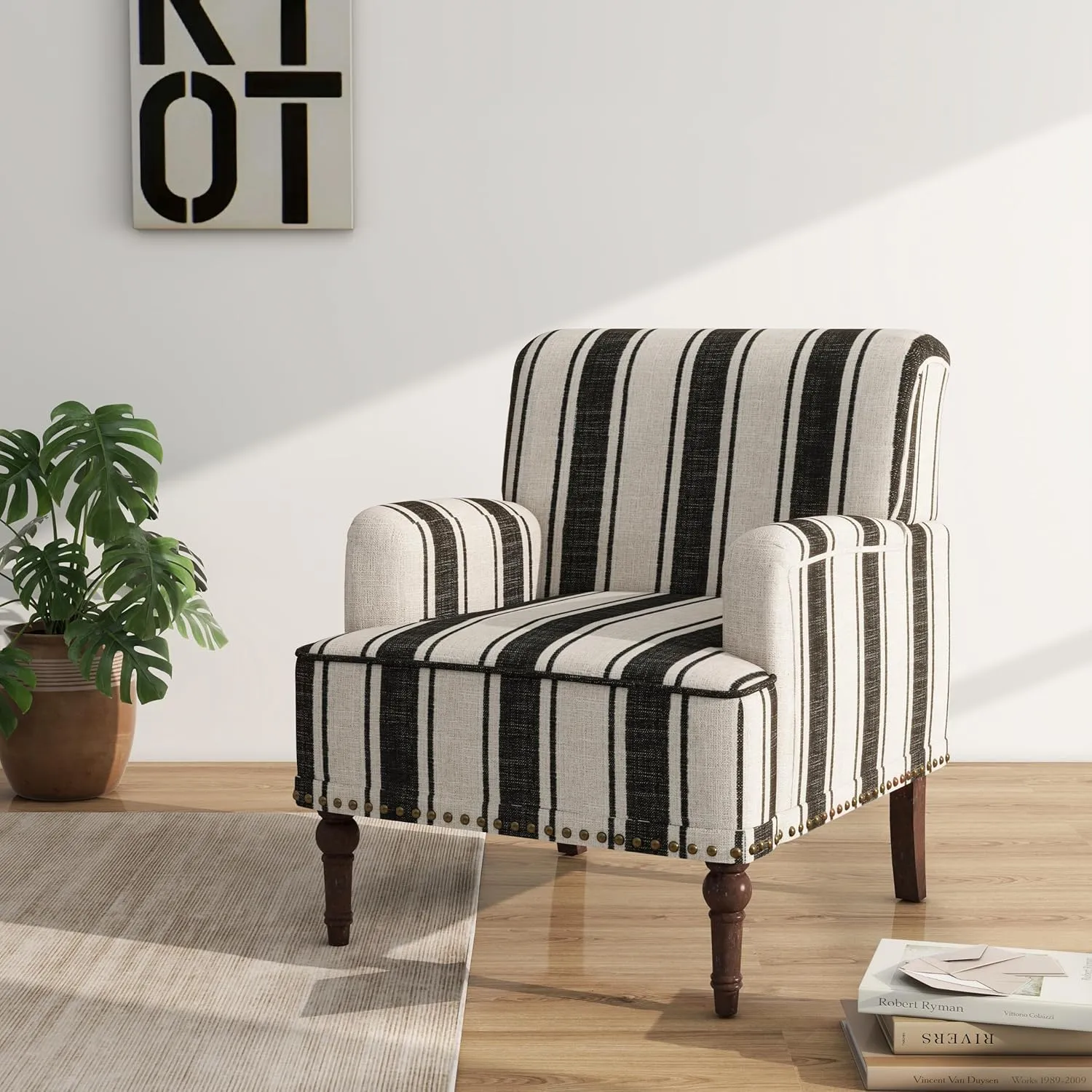 Accent Chair, Mid Century Modern Comfy Armchair for Living Room, Linen Fabric Single Sofa Lounge for Reading Bedroom Apartment Waiting Room with Wood Legs (Black Stripe, Set of 2)