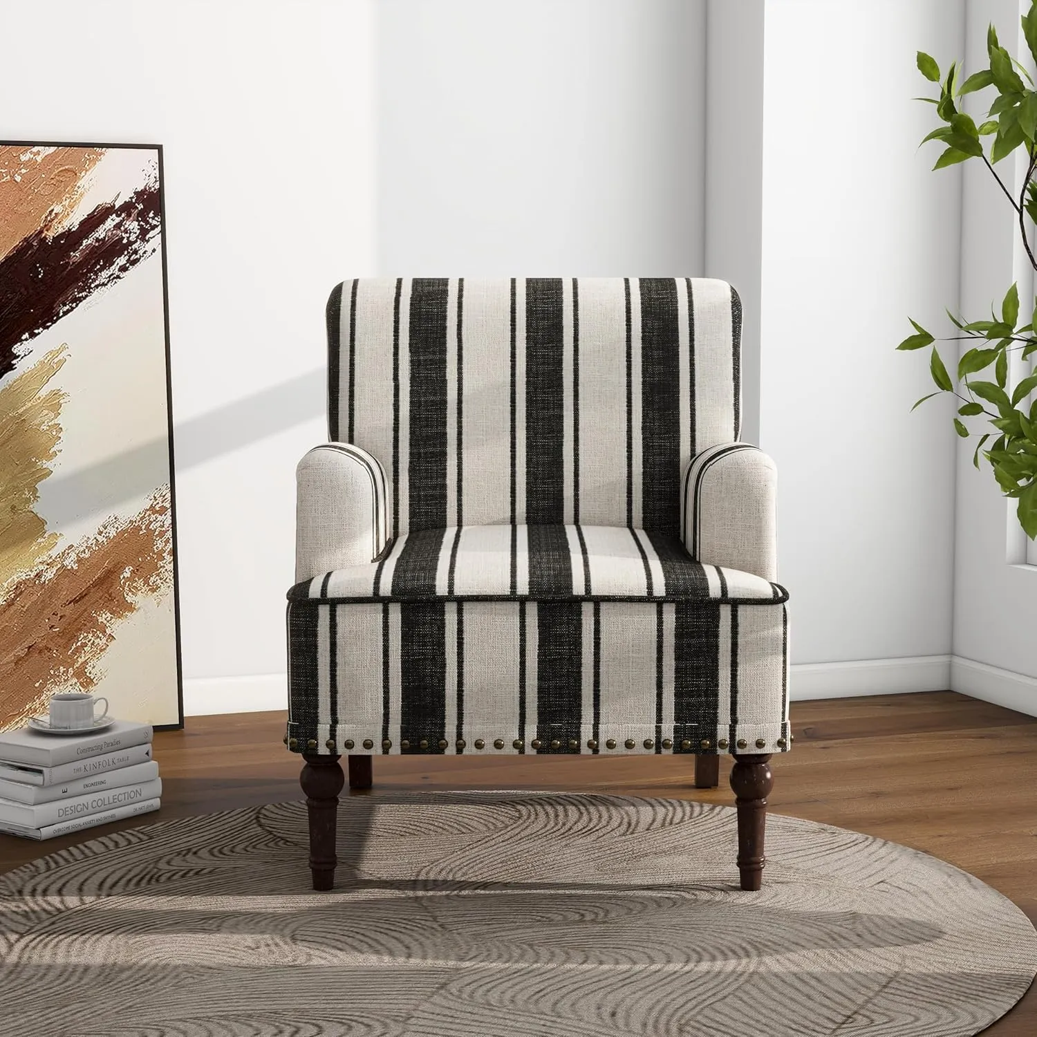 Accent Chair, Mid Century Modern Comfy Armchair for Living Room, Linen Fabric Single Sofa Lounge for Reading Bedroom Apartment Waiting Room with Wood Legs (Black Stripe, Set of 2)