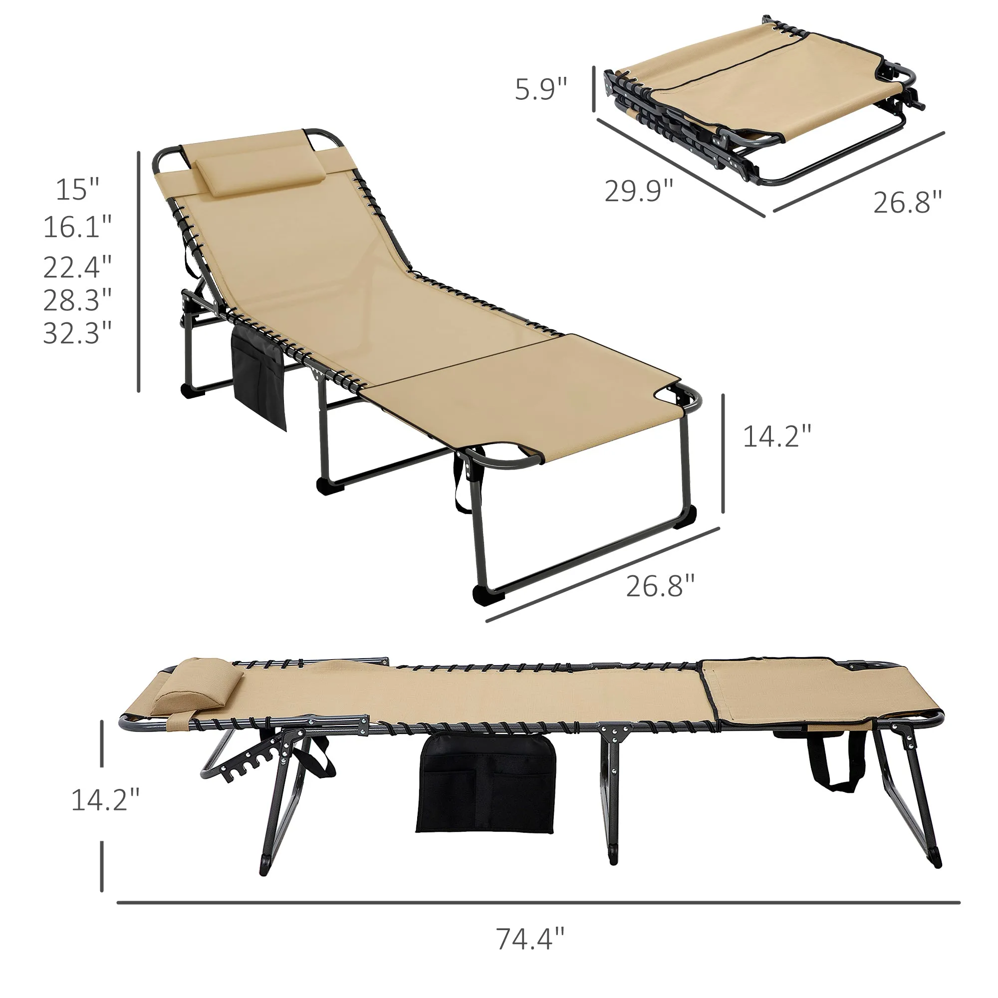 Adjustable Folding Chaise Lounge Chair with 5-Level Recline, Headrest & Side Pocket,, Beige