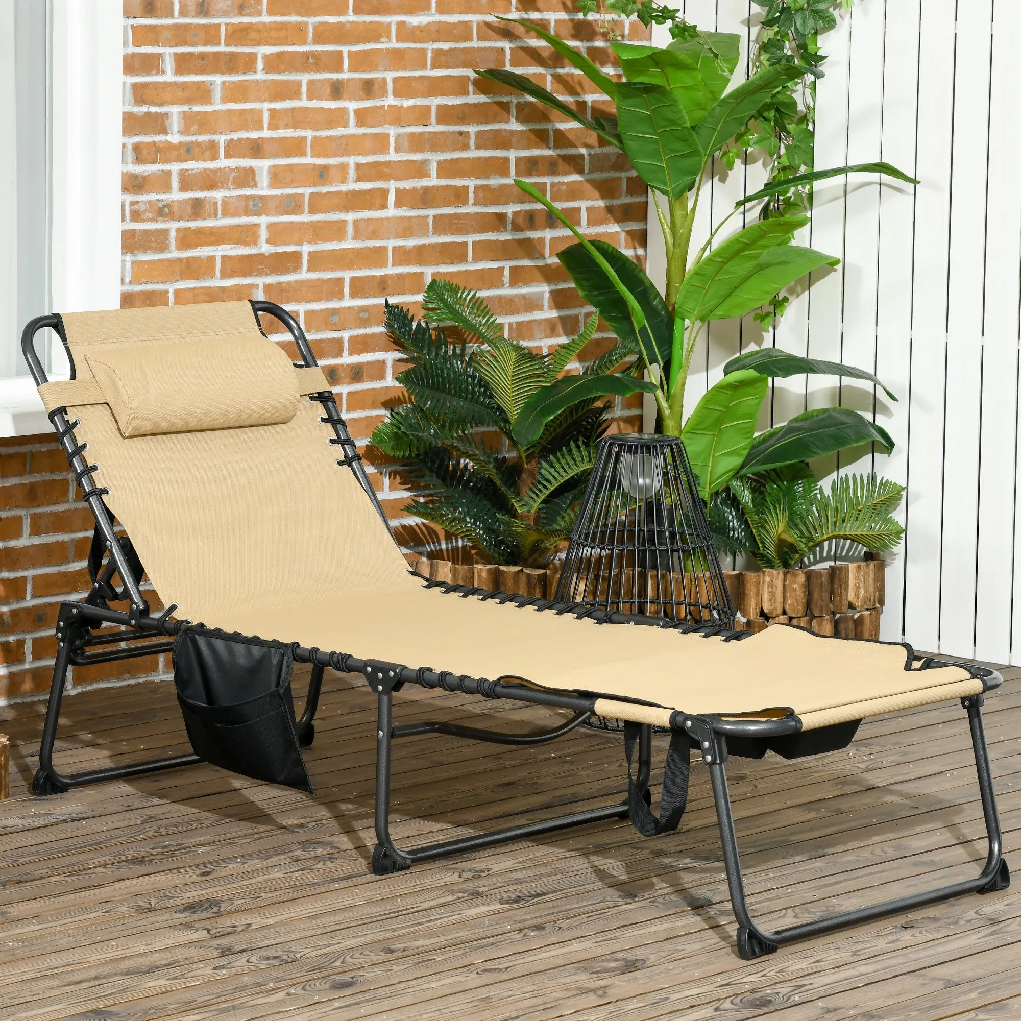 Adjustable Folding Chaise Lounge Chair with 5-Level Recline, Headrest & Side Pocket,, Beige