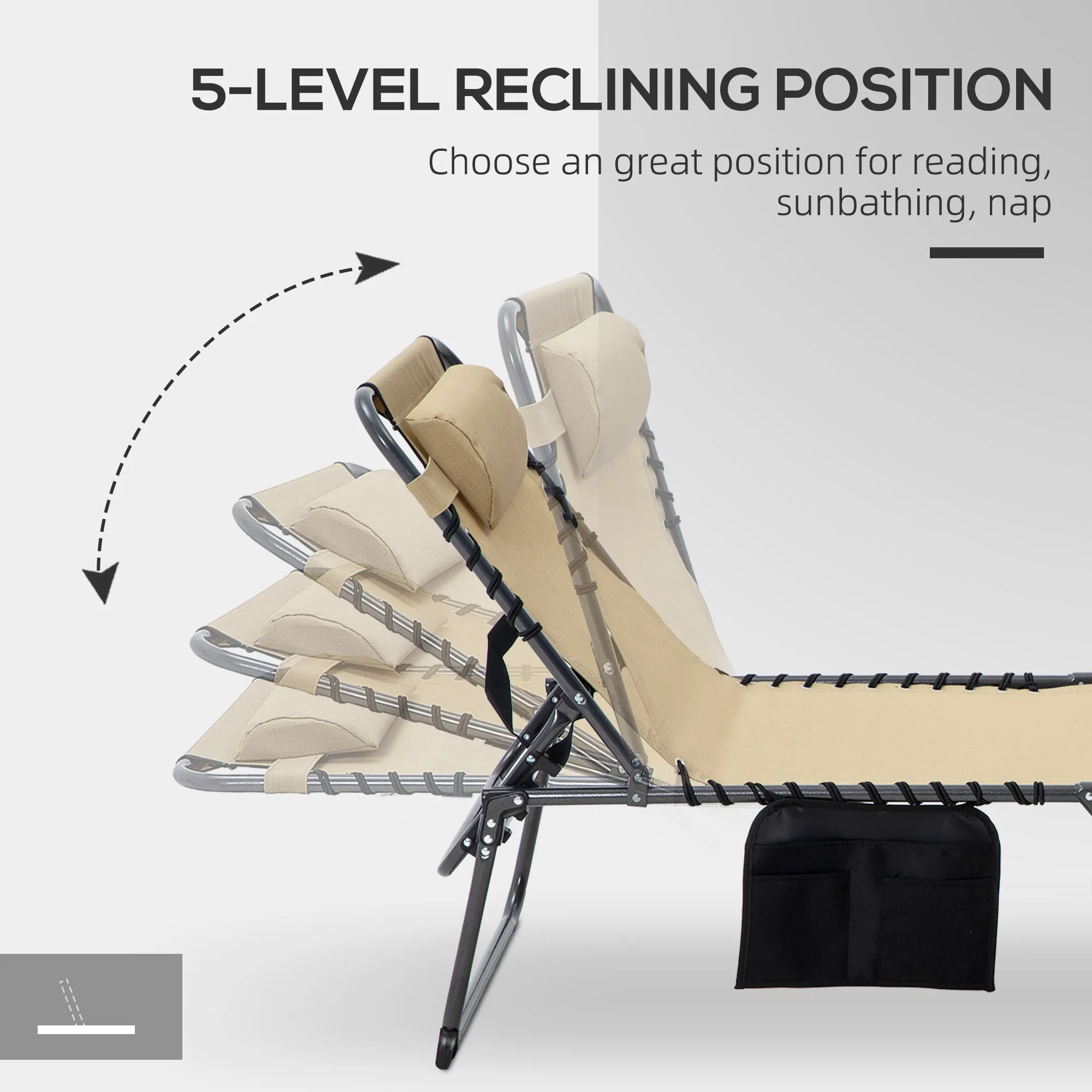 Adjustable Folding Chaise Lounge Chair with 5-Level Recline, Headrest & Side Pocket,, Beige