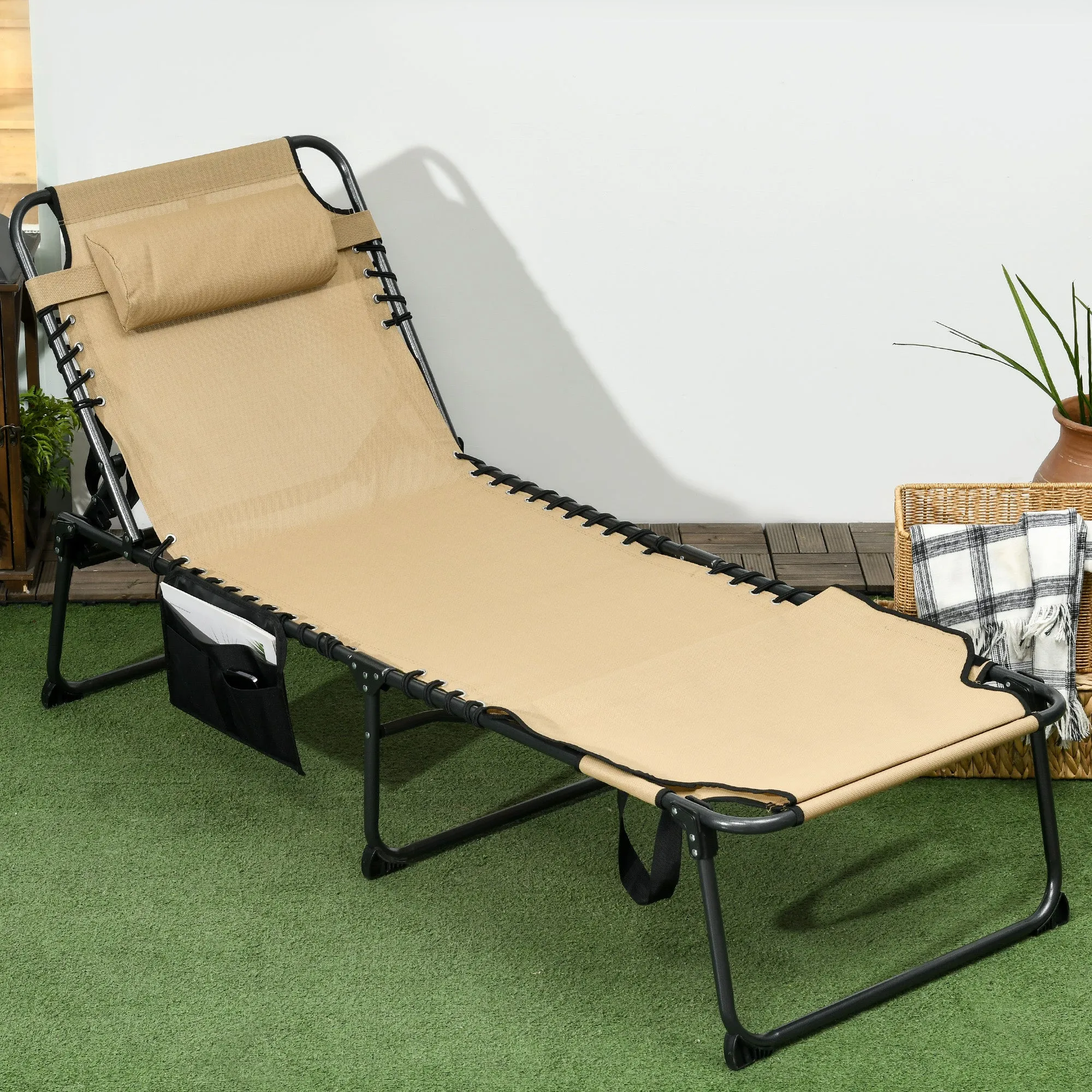 Adjustable Folding Chaise Lounge Chair with 5-Level Recline, Headrest & Side Pocket,, Beige