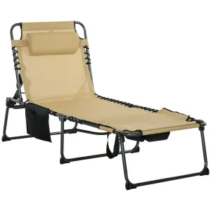 Adjustable Folding Chaise Lounge Chair with 5-Level Recline, Headrest & Side Pocket,, Beige