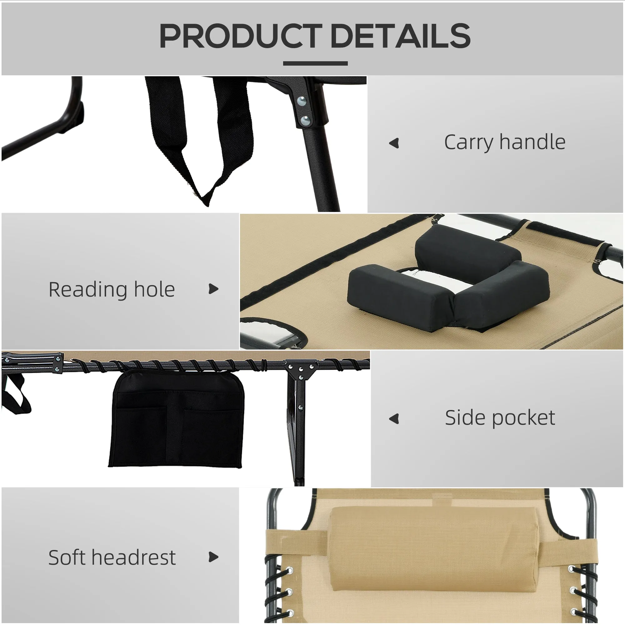 Adjustable Folding Chaise Lounge Chair with 5-Level Recline, Headrest & Side Pocket,, Beige