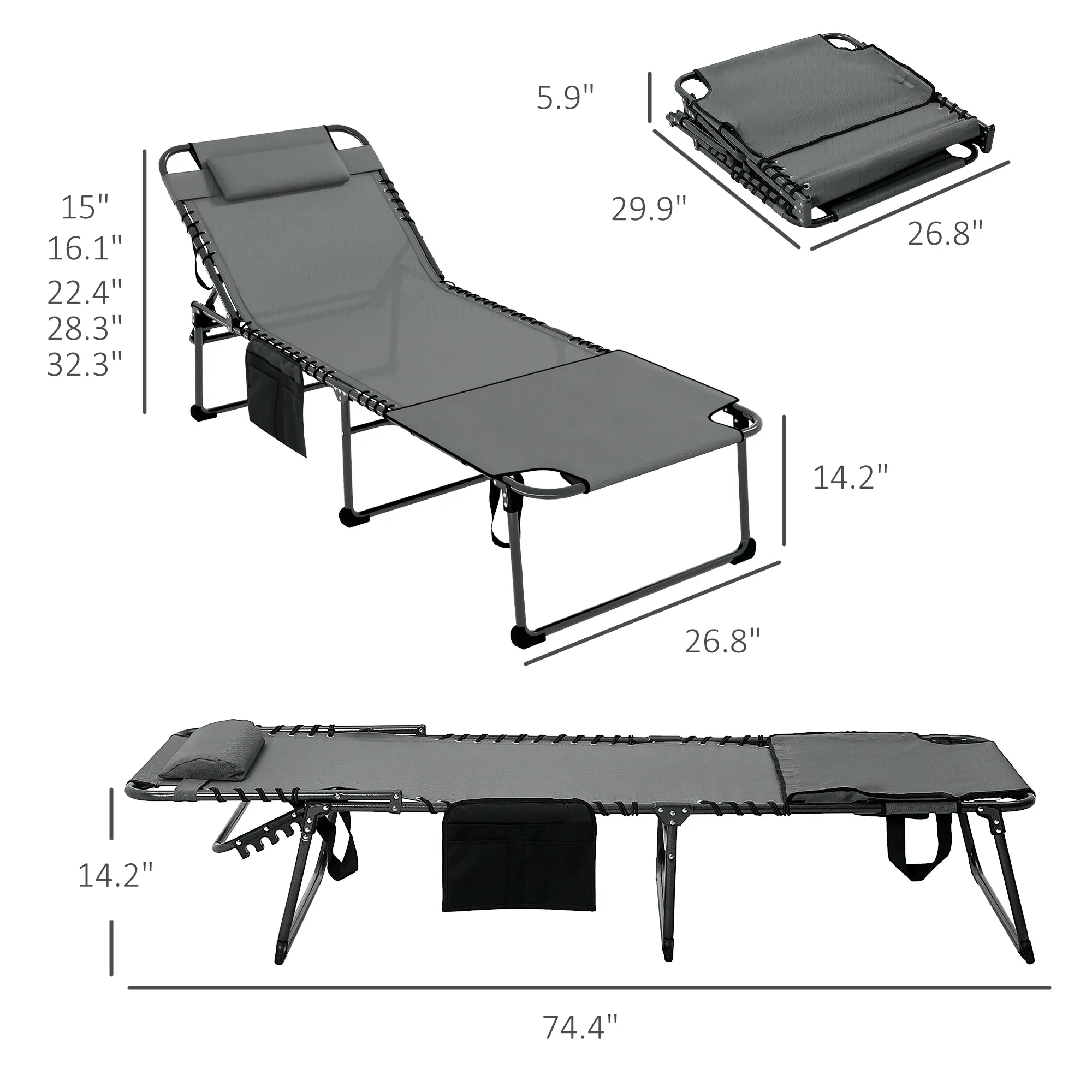 Adjustable Folding Chaise Lounge Chair with 5-Level Recline, Headrest & Side Pocket, Gray