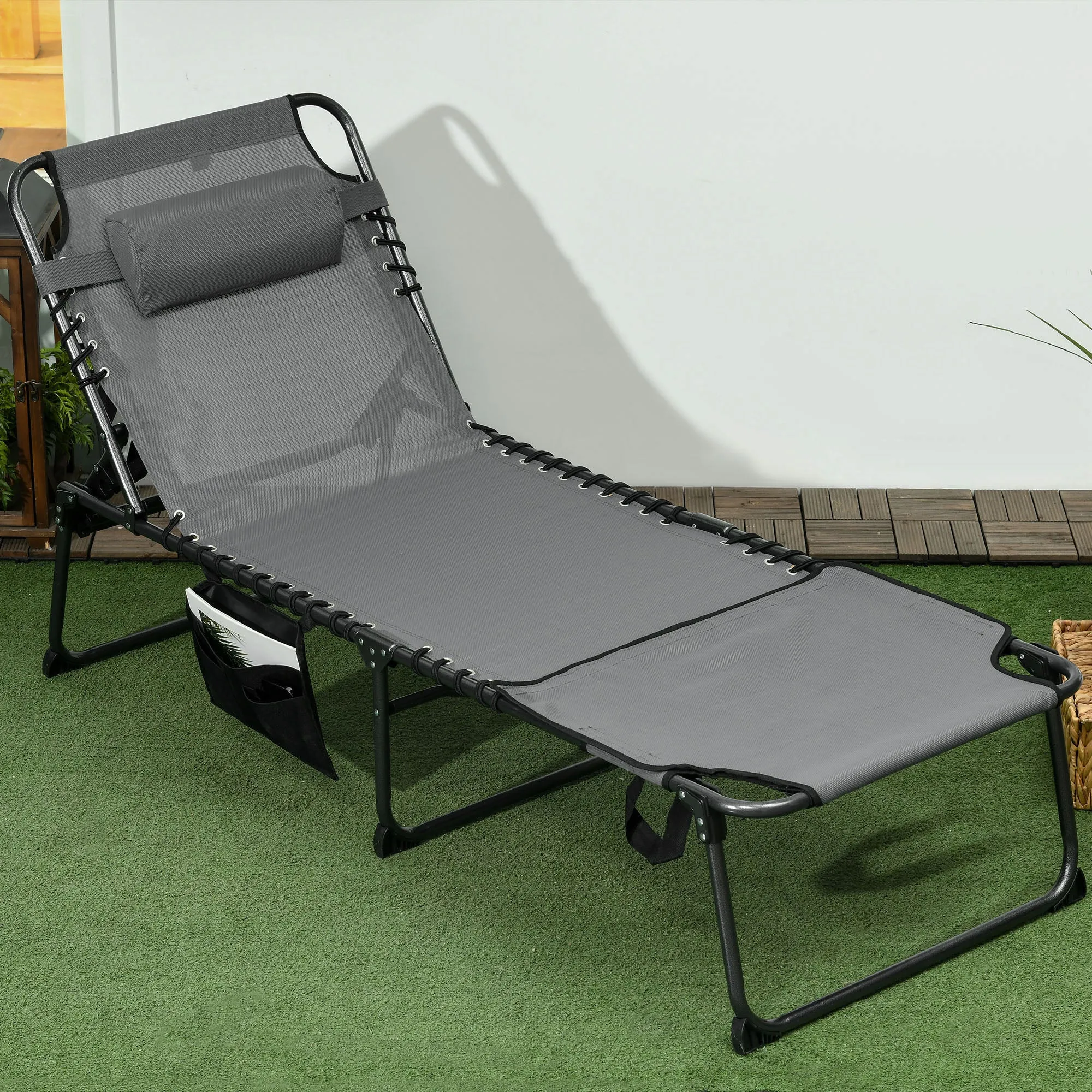 Adjustable Folding Chaise Lounge Chair with 5-Level Recline, Headrest & Side Pocket, Gray