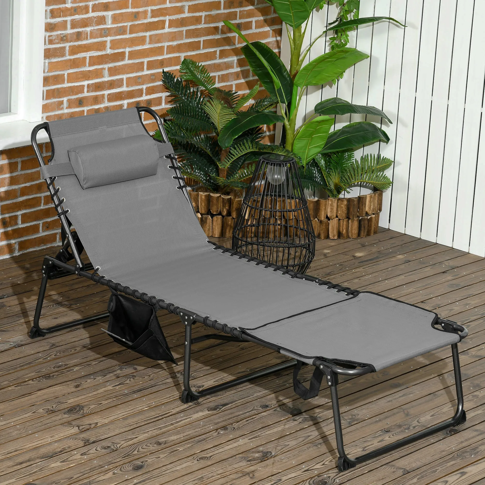 Adjustable Folding Chaise Lounge Chair with 5-Level Recline, Headrest & Side Pocket, Gray