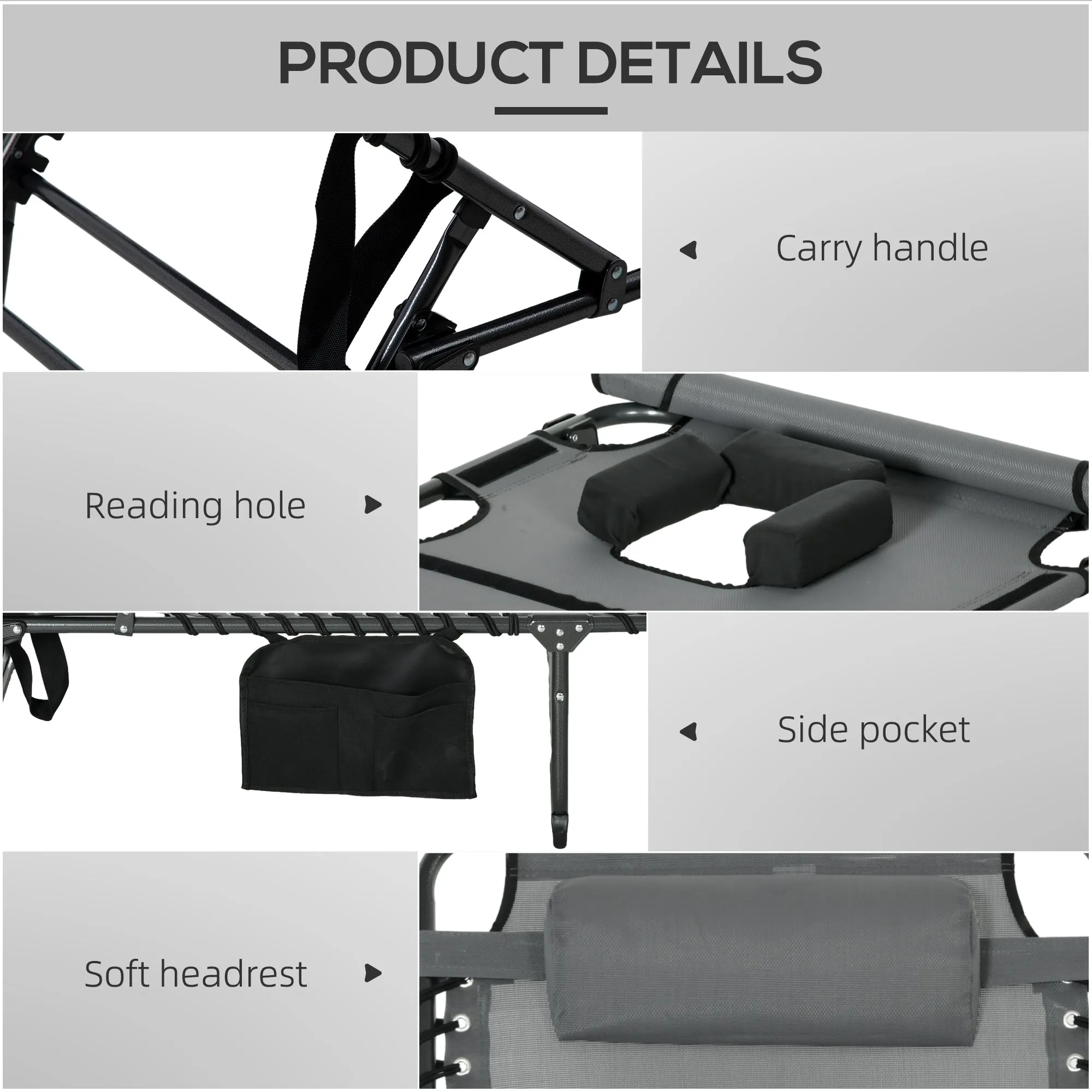 Adjustable Folding Chaise Lounge Chair with 5-Level Recline, Headrest & Side Pocket, Gray