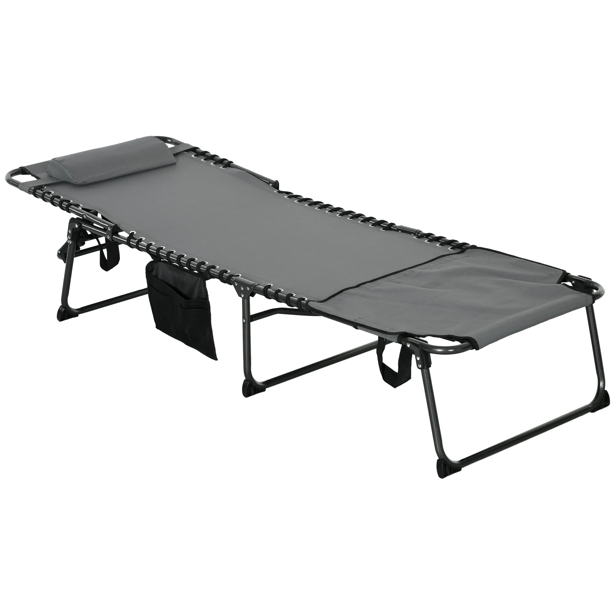 Adjustable Folding Chaise Lounge Chair with 5-Level Recline, Headrest & Side Pocket, Gray