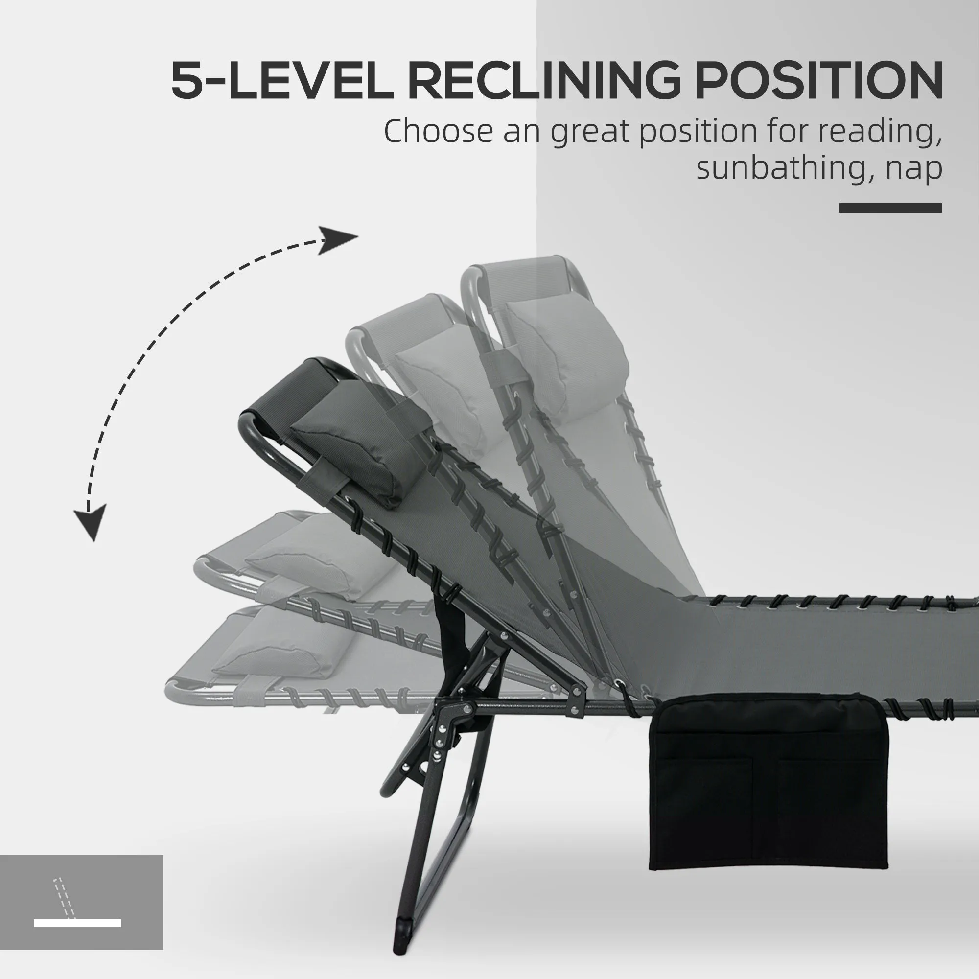 Adjustable Folding Chaise Lounge Chair with 5-Level Recline, Headrest & Side Pocket, Gray