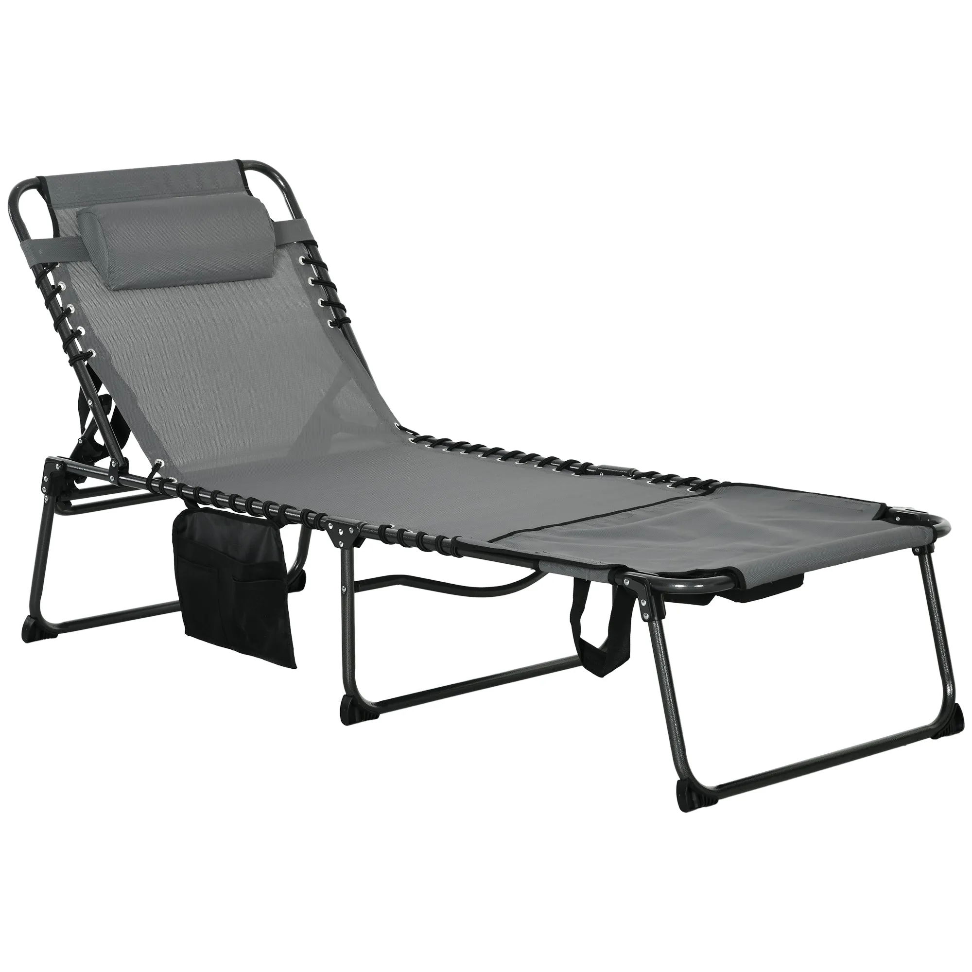 Adjustable Folding Chaise Lounge Chair with 5-Level Recline, Headrest & Side Pocket, Gray