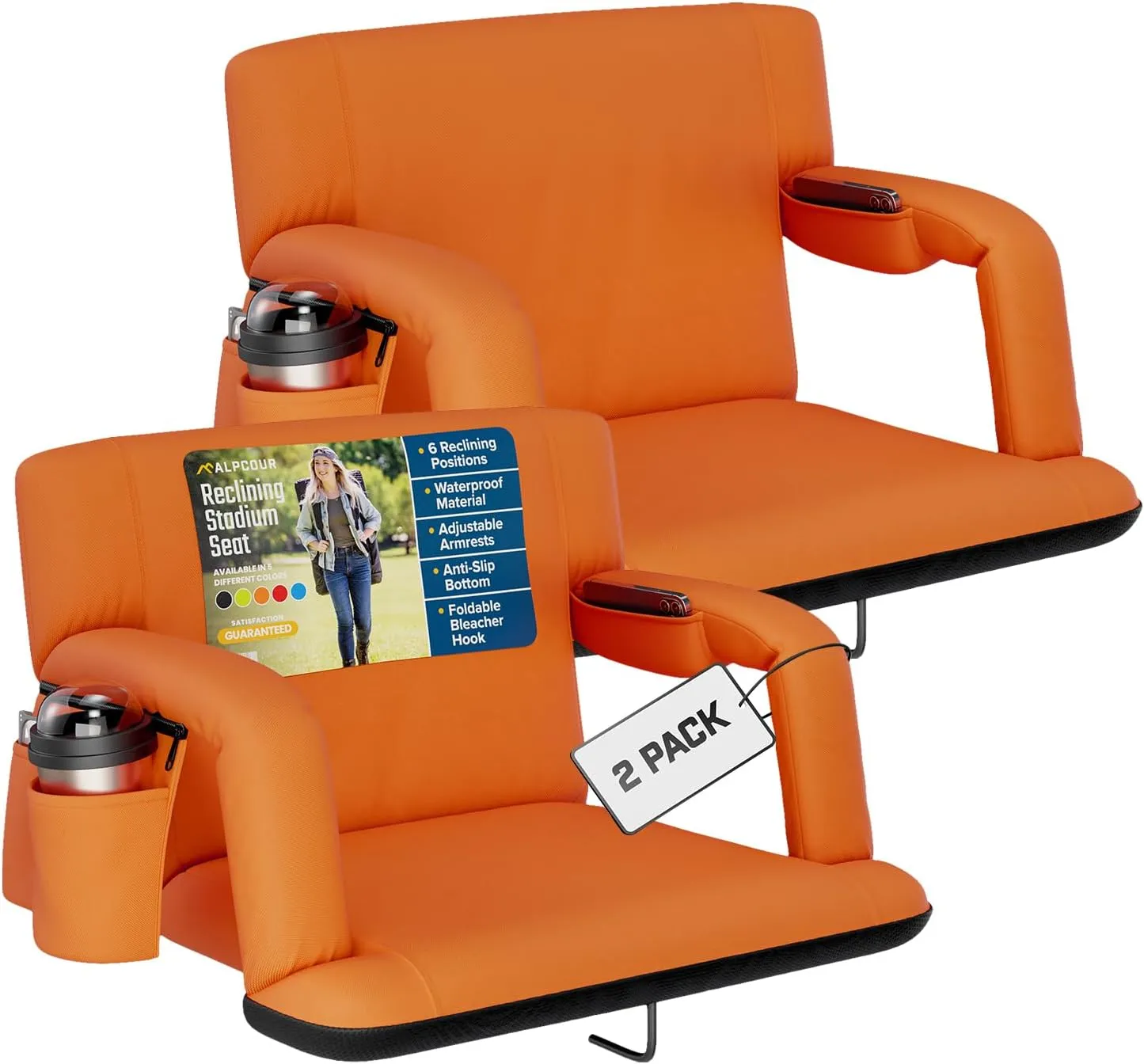 Alpcour Reclining Stadium Seat – Wide Bleacher Chair with Back Support and Cushion, Armrests, Side Pockets, and Bleachers Hook – Best Stadium Seats Chairs for Camping, Kayak, & Paddle Board Backs