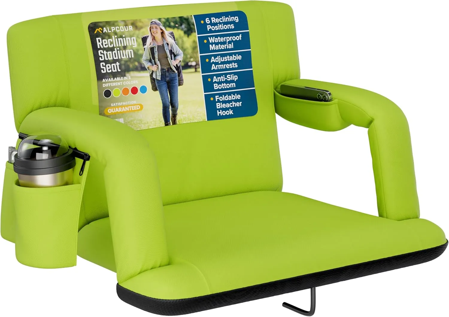 Alpcour Reclining Stadium Seat – Wide Bleacher Chair with Back Support and Cushion, Armrests, Side Pockets, and Bleachers Hook – Best Stadium Seats Chairs for Camping, Kayak, & Paddle Board Backs