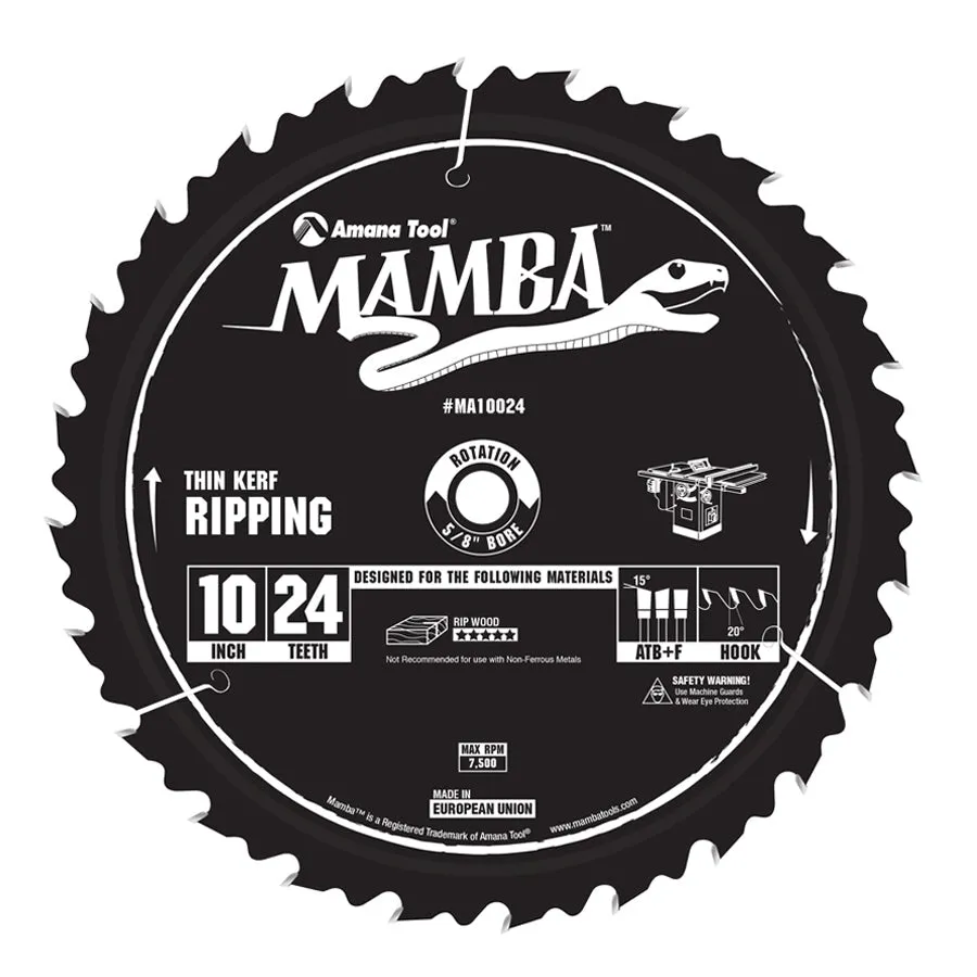 Amana Tool MA10024 Carbide Tipped Thin Kerf Ripping Mamba Contractor Series 10 Inch Dia x 24T, ATB F, 20 Deg, 5/8 Bore Circular Saw Blade