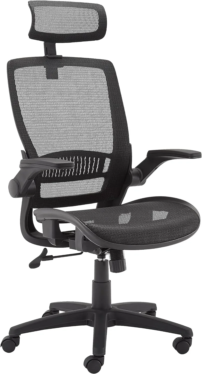 Amazon Basics Ergonomic High-Back Desk Chair, Comfortable Flip-Up Armrests, Contoured Mesh Seat, Swivel, Black, 25.5"D x 26.25"W x 49.25"H
