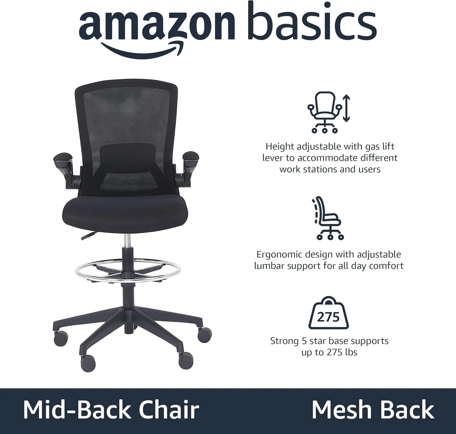 Amazon Basics Mid-Back Mesh Office Drafting Chair Stool with Adjustable Footrest, Flip-Up Arms, Black
