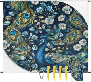 Animal Peacock Beach Blanket, Sandproof Beach Mat, Adults Waterproof Quick Drying Sand Free Mat with 4 x Ground Spikes for Outdoor Travel Camping Hiking, Peacock Feather