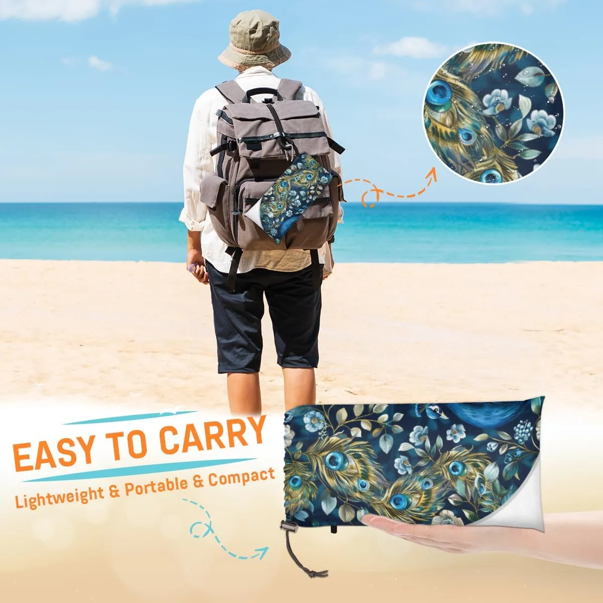 Animal Peacock Beach Blanket, Sandproof Beach Mat, Adults Waterproof Quick Drying Sand Free Mat with 4 x Ground Spikes for Outdoor Travel Camping Hiking, Peacock Feather