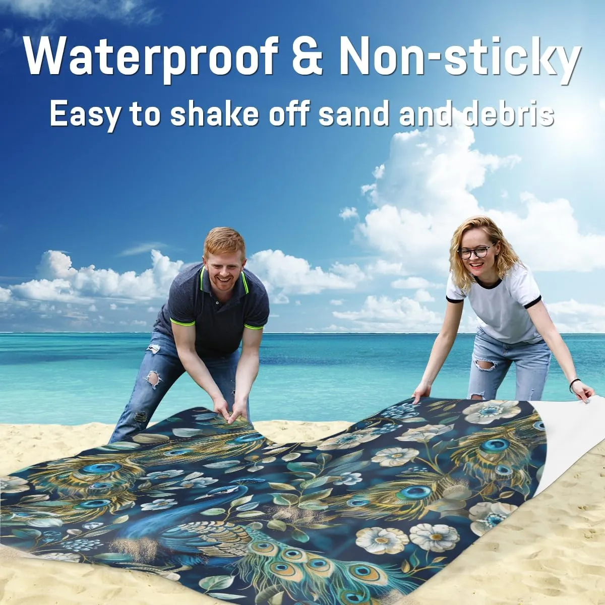Animal Peacock Beach Blanket, Sandproof Beach Mat, Adults Waterproof Quick Drying Sand Free Mat with 4 x Ground Spikes for Outdoor Travel Camping Hiking, Peacock Feather