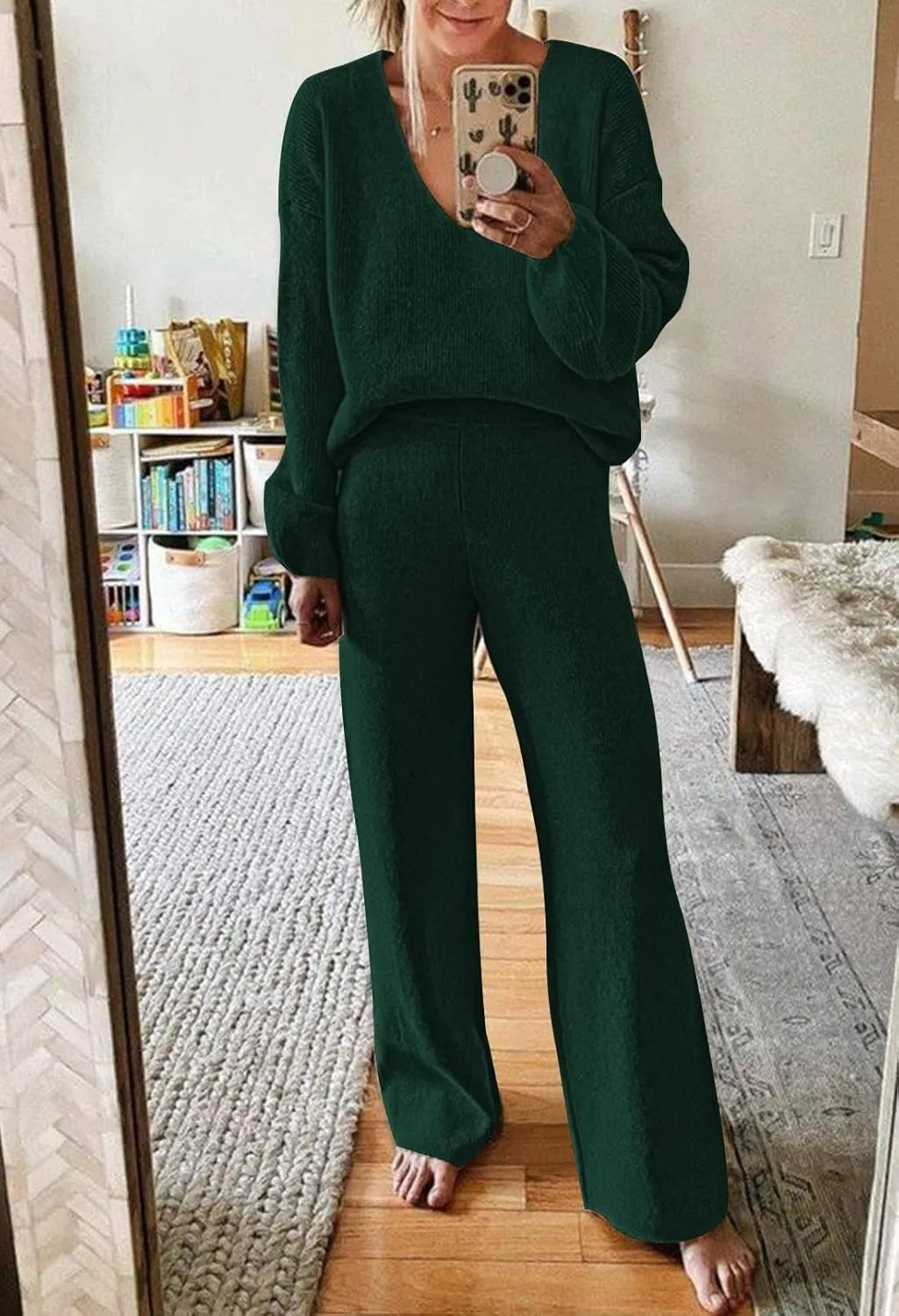 AOHITE Womens 2 Piece Outfits Casual V-neck Knit Pullover Sweater Wide Leg Pants Sleepwear Loungewear Set