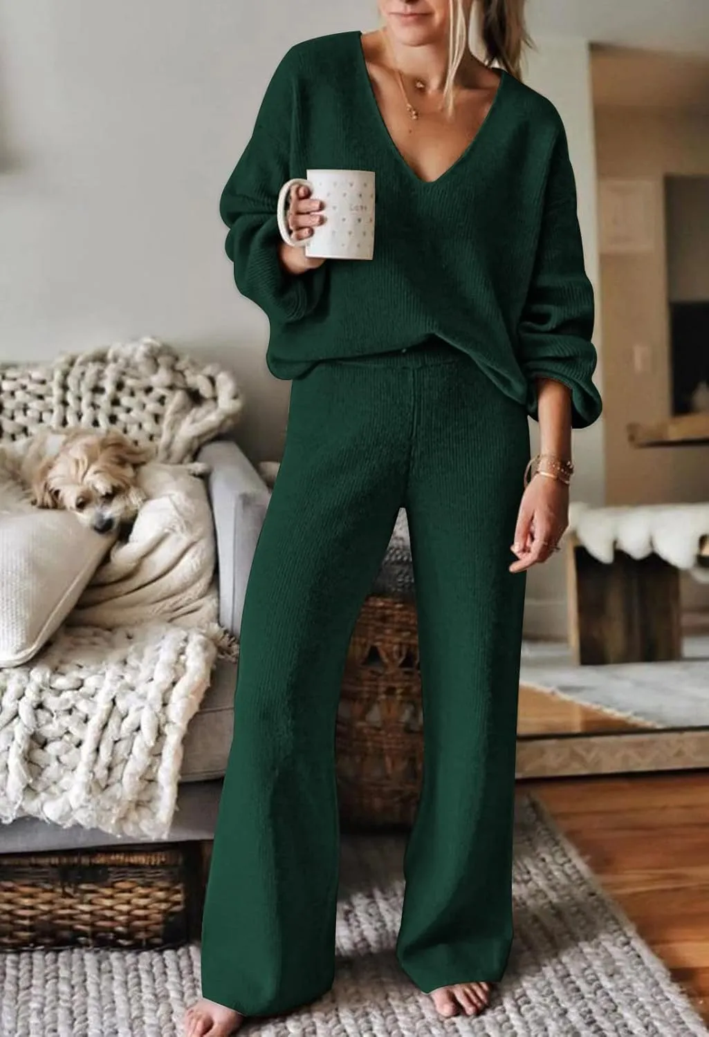 AOHITE Womens 2 Piece Outfits Casual V-neck Knit Pullover Sweater Wide Leg Pants Sleepwear Loungewear Set