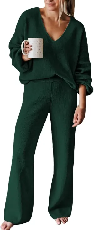 AOHITE Womens 2 Piece Outfits Casual V-neck Knit Pullover Sweater Wide Leg Pants Sleepwear Loungewear Set