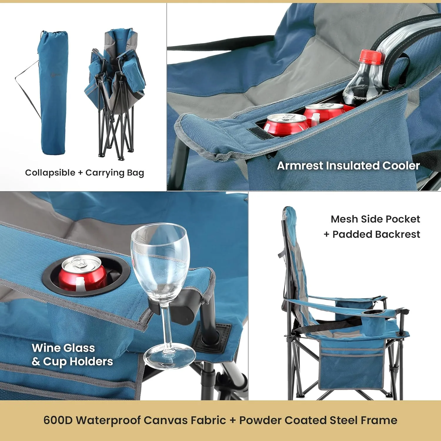 ARROWHEAD OUTDOOR 2-Pack Oversized XXL Portable Folding Camp Chair w/Glass & Cup Holders, Armrest Cooler, Heavy Duty Carry Bag, 600 lbs Weight Capacity